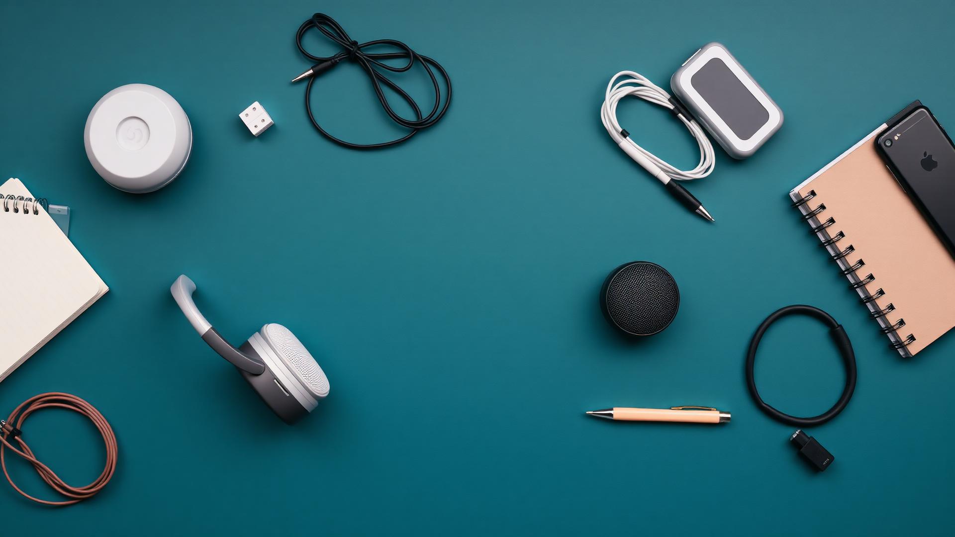 Assorted consumer gadgets arranged on a dark surface